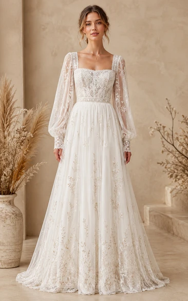 Boho A-Line Wedding Dress Long Sleeve Square Neck Tulle Lace Applique Floor Length Chapel Train Ivory