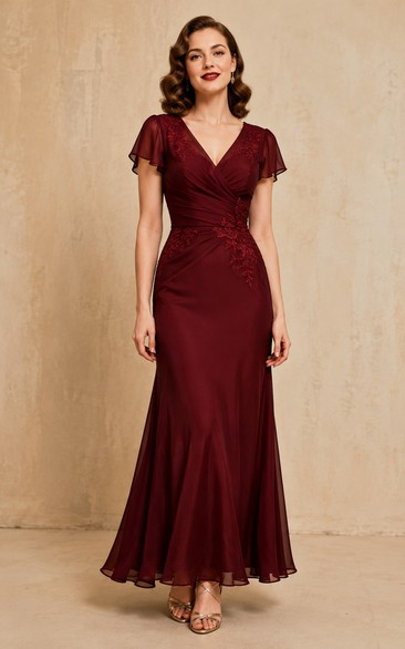 A-Line V-Neck Short Sleeve Chiffon Mother Dress with Ruching