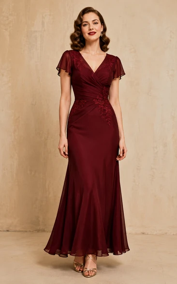 A-Line V-Neck Short Sleeve Chiffon Mother Dress with Ruching