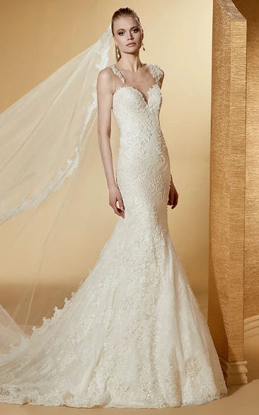 Sexy Sweetheart Mermaid Lace Long Wedding Dress Styles With Illusive Straps And Court Train