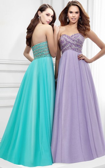 Maxi A-Line Sleeveless Beaded Sweetheart Tulle Prom Dress With Low-V Back