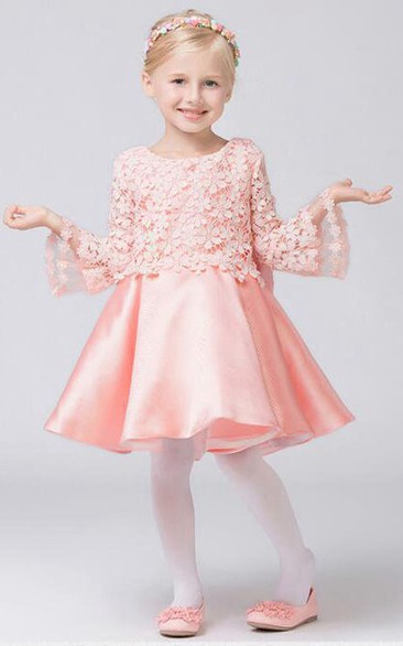 Flower Girl Jewel Neck Satin Mini Dress With Appliqued Top