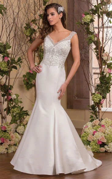 Cap-Sleeved V-Neck Mermaid Wedding Dress With Keyhole Back And Beadings