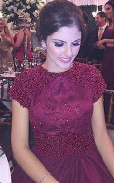 Elegant Beadings Chiffon Prom Dress Cap Sleeve