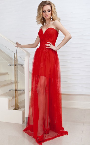 A-Line Criss-Cross Sleeveless Maxi Sweetheart Tulle Prom Dress With Lace