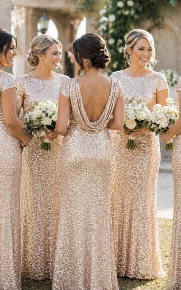 Sequin Gold Bridesmaid Dress | Long Sparkly MOB Glitter Gown with Sleeves