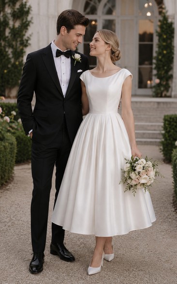 Retro-Hochzeitskleid mit Rundhalsausschnitt, Empire-Schnitt, A-Linie, Teelänge, Satin