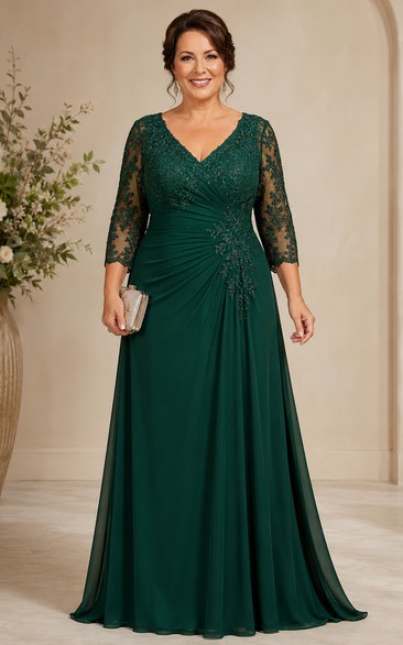Dark Green V Neck Lace Mother Gown Dark Green V-neck A-Line Floor-length