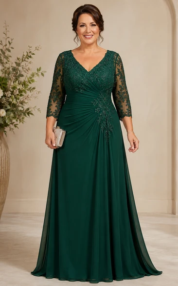 Dark Green V Neck Lace Mother Gown Dark Green V-neck A-Line Floor-length