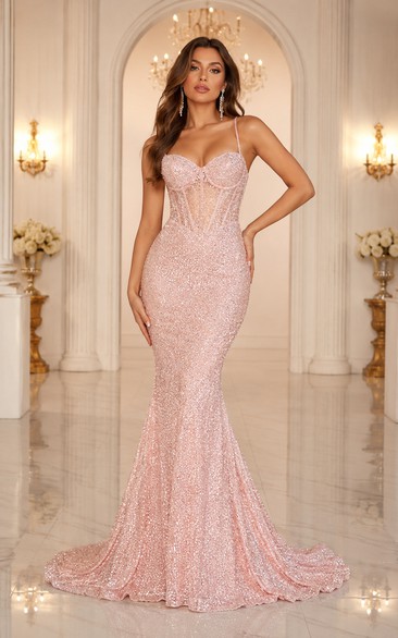 Sequin Prom Dress in Blushing Pink, Spaghetti Strap, Sweetheart Mermaid Sweep Train Gown with Sequins