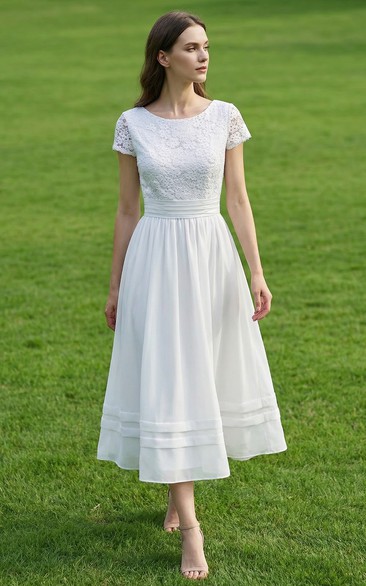 White Lace Tea-Length A-Line Wedding Dress