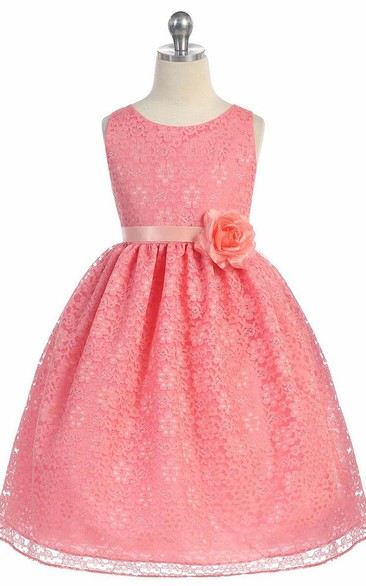 Tea-Length Floral Tiered Lace Flower Girl Dress