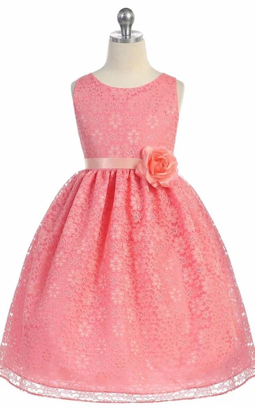 Tea-Length Floral Tiered Lace Flower Girl Dress