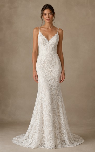 Spaghetti Strap Lace Mermaid Wedding Dress with Deep V-Neck and Low V Back Train