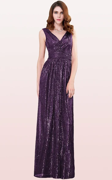 V-neck A Line Sleeveless Floor-length Sequins Bridesmaid Dress With Ruching