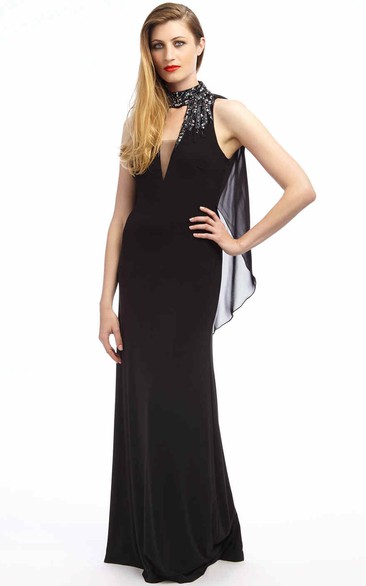 Sheath High-Neck Beaded Sleeveless Floor-Length Chiffon Prom Dress With Draping