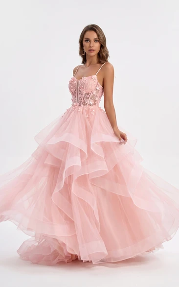 Blushing Pink Ruffle Ball Gown Tulle Prom Dress with Spaghetti Straps