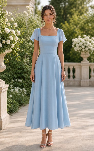 Himmelblaues Chiffonkleid mit eckigem Ausschnitt und Teelänge in A-Linie