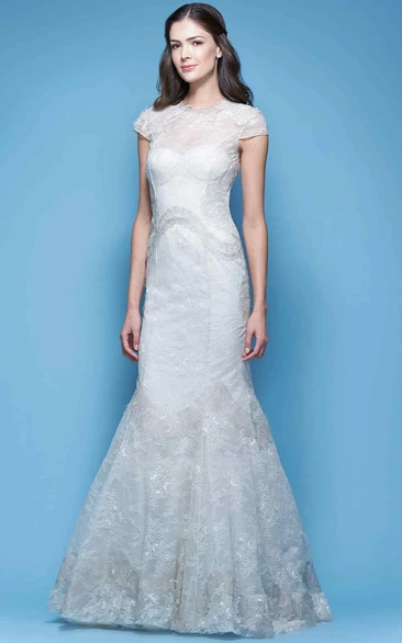 Trumpet Maxi Cap-Sleeve High Neck Lace Wedding Dress With Appliques And Illusion