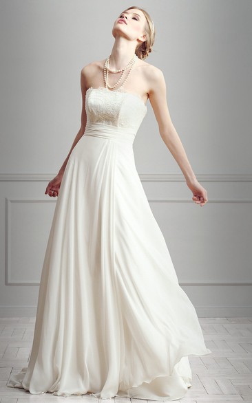 Sheath Lace Strapless Floor-Length Sleeveless Chiffon Wedding Dress
