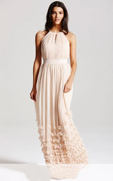 High-Neck Pleated Bodice Long Dress With Keyholes And Petals