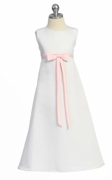 Ankle-Length Bowed Sleeveless Satin Flower Girl Dress