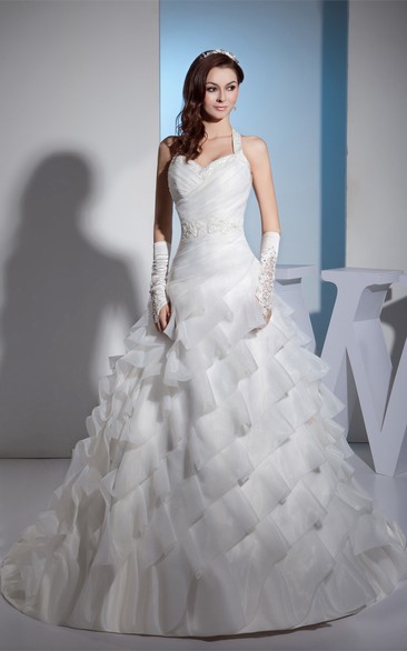 Ruched Tiered Sweetheart Jeweled Halter and Ball-Gown With Appliques
