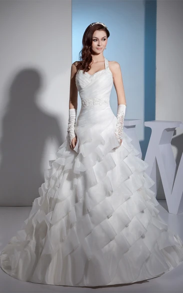 Ruched Tiered Sweetheart Jeweled Halter and Ball-Gown With Appliques