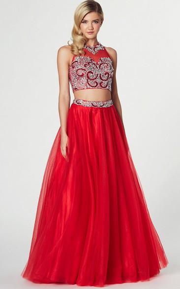 A-Line Sleeveless High Neck Beaded Tulle Prom Dress With Illusion Back