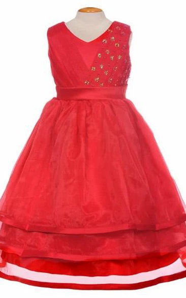 V-Neck Tea-Length Pleated Tiered Organza&Satin Flower Girl Dress With Ribbon