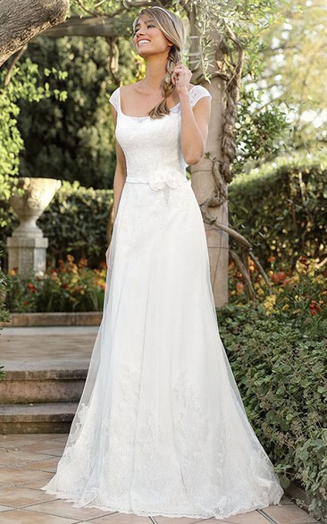 A-Line Cap-Sleeve Square-Neck Lace Simple Wedding Dress