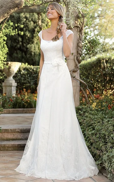 A-Line Cap-Sleeve Square-Neck Lace Simple Wedding Dress