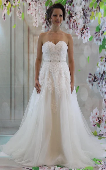 Sweetheart A-Line Lace and Tulle Dress With Beaded Waist
