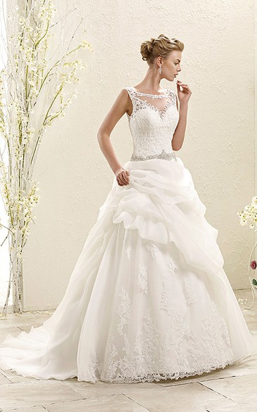 A-Line Floor-Length Sleeveless Bateau-Neck Pick-Up Lace&Organza Wedding Dress With Waist Jewellery And Appliques