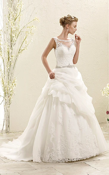 A-Line Floor-Length Sleeveless Bateau-Neck Pick-Up Lace&Organza Wedding Dress With Waist Jewellery And Appliques