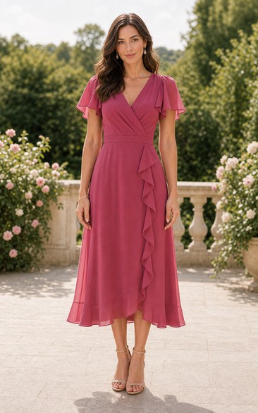 Dusty Rose V-neck Flutter Sleeve High-low Chiffon Dress