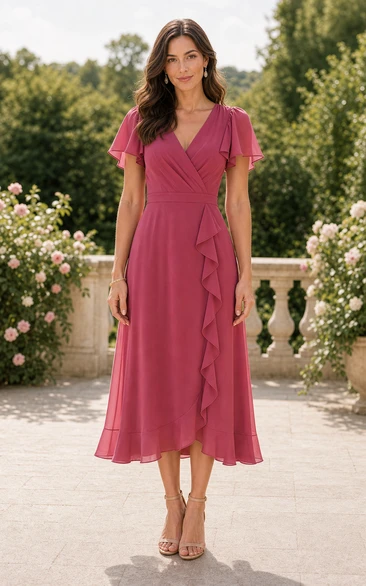 Dusty Rose V-neck Flutter Sleeve High-low Chiffon Dress