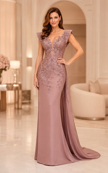 Dusty Rose Cap Sleeve Lace Mermaid Formal Dress with V-Neck Back and Train