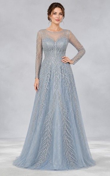 Vestido de fiesta azul acero de manga larga con cuentas y corte en A para madres y eventos formales.