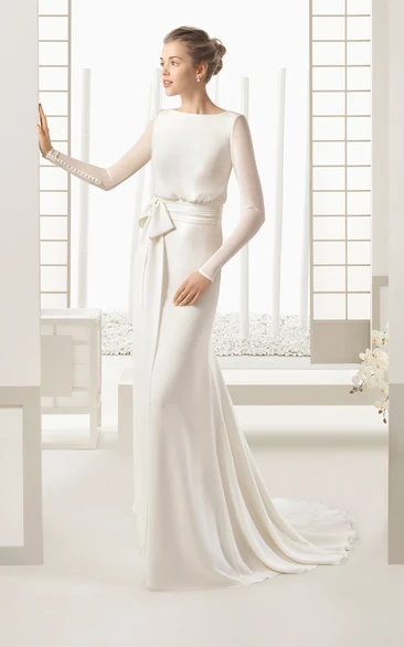 Flowing Long-Sleeved Vow Renewal Dress With Bow And Decoratived Buttons