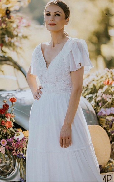 Elegant V-neck Lace A Line Floor-length Short Sleeve Wedding Dress with Ruffles