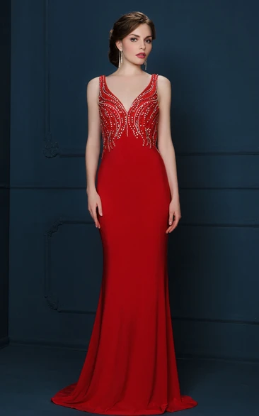 Sheath V-Neck Beaded Sleeveless Long Jersey Evening Dress