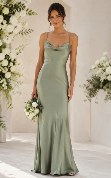 Sage Cowl Neck Satin Sheath Bridesmaid Dress