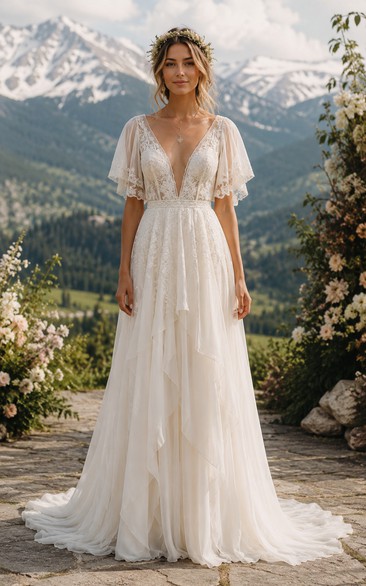 Country Simple A-Line Wedding Dress Short Sleeve V-Neck Lace Chiffon Floor Length Chapel Train Ivory