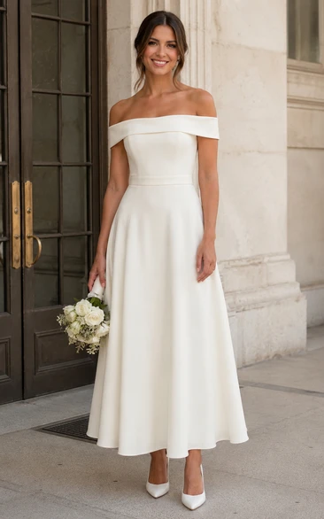 Ivory Tea-length Off-the-shoulder Satin A-line Wedding Dress