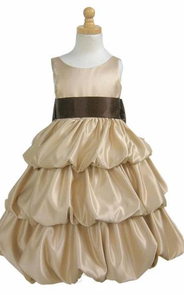 Sleeveless Tiered Satin Flower Girl Dress