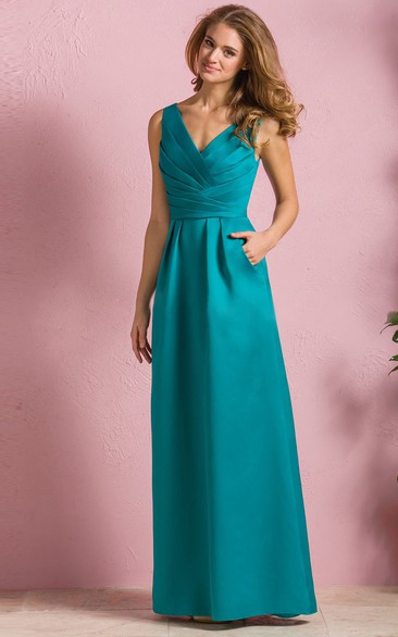 Sleeveless V-Neck A-Line Satin Bridesmaid Dress With Pockets And Keyhole Back