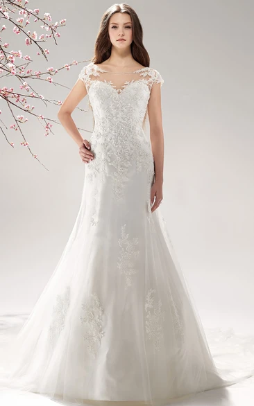 Cap-sleeved Mermaid Wedding Dress with Appliques and Keyhole Back