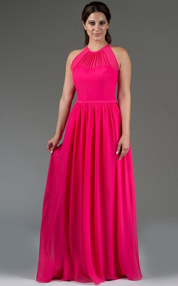 Pleated High Neck Sleeveless Chiffon Long Bridesmaid Dress With Pleats