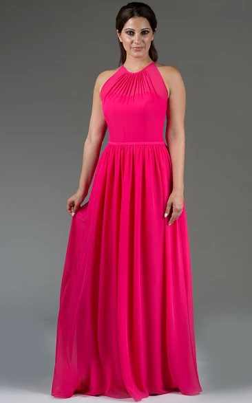 Pleated High Neck Sleeveless Chiffon Long Bridesmaid Dress With Pleats